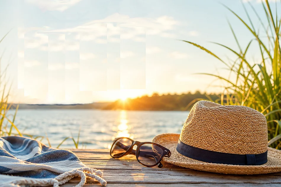 Ein Strohhut und eine Sonnenbrille auf einem Steg am See im Sonnenuntergang mit der Aufschrift „Schöne Ferien!"